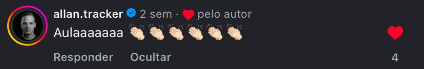 Comentário de @allan.tracker no Instagram elogiando o conteúdo como uma aula, acompanhado de aplausos.